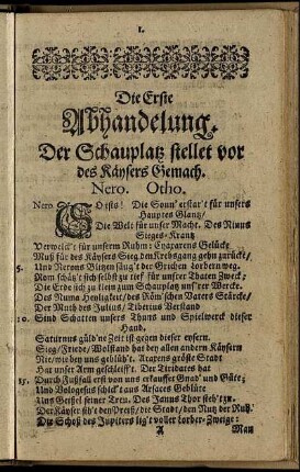 Die Erste Abhandelung. Der Schauplatz stellet vor des Käysers Gemach.