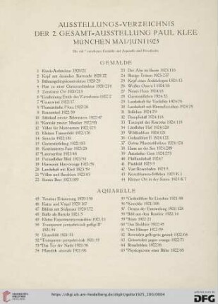 Ausstellungs-Verzeichnis der 2. Gesamt-Ausstellung Paul Klee München Mai/Juni 1925 (Nr. 1-214)