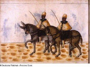 Zwei Reitknechte als Spießträger auf Maultieren im Gefolge des Merkur in der Midas-Invention, Blatt 76 ( Seite 80 b)