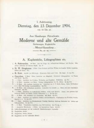 I. Auktionstag. Dienstag, den 13. Dezember 1904 von 10 Uhr ab. ...