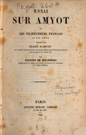 Essai sur Amyot et les traducteurs français au XVIe siècle : précédée d'un éloge d'Amyot
