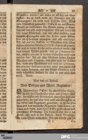 Uber den 16. Articul. Von Polizey und Weltl. Regiment: