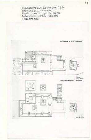 Architektur-Museum für Berlin, Berlin-Tiergarten (Diplomarbeit bei Oswald Mathias Ungers): Grundrisse Kellergeschoss und Obergeschosse