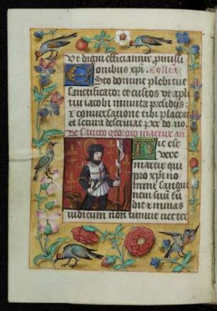 Miniatur-Textzierseite: (Suffragium) heiliger Georg; Trompe l'oeil-Rahmen mit Rankenzweigen und Vögeln
