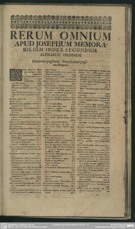 Rerum Omnium Apud Joephum Memorabilium Index Secundum Alphabeti Ordinem