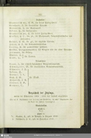 Verzeichniß der Zöglinge, welche im Schuljahre 1864 - 1865 der Anstalt angehörten