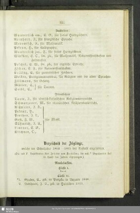Verzeichniß der Zöglinge, welche im Schuljahre 1864 - 1865 der Anstalt angehörten