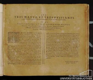 Aux Tres Haut Et Tres Puissants Seigneurs, Messeigneurs les Estats Generaulx des Provinces Vnies des Pays bas, Et Tres Illustre, Et Tres Magnanime Prince, Maurice, Prince d'Orange, Comte de Nassau, Moeurs &c., Marquis de la Vere, & Vlissingues, Gouverneur & Capitaine General de Gueldres, Hollande, & Zelande &c. Admiral General de la Mer &c.