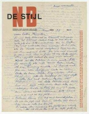 Brief von Theo van Doesburg an Hannah Höch. [Clamart]. Briefkopf: "NB DE STIJL [...]"