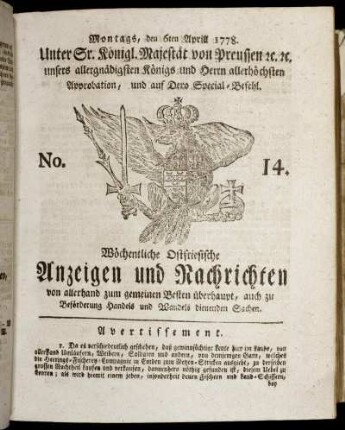 No. 14. Montags, den 6ten Aprill 1778.