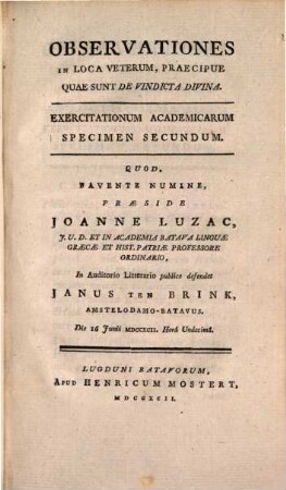 Exercitationum academicarum, Specimen II. Observationes in loca veterum, praecipue quae sunt de vindicta divina