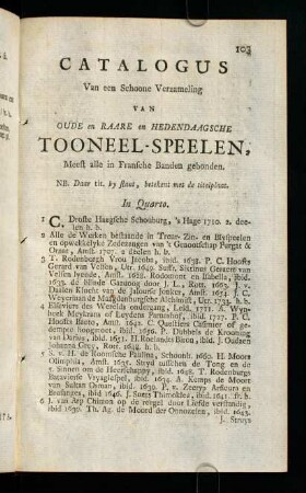 103-118, Catalogus Van een Schoone Verzameling Van Oude en Raare en Hedendaagsche Tooneel-Speelen.
