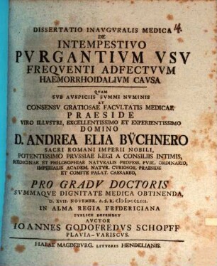 Dissertatio Inavgvralis Medica De Intempestivo Pvrgantivm Vsv Freqventi Adfectvvm Haemorrhoidalivm Causa