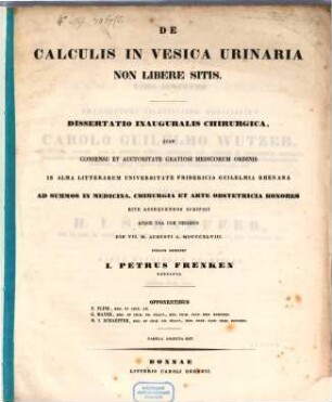 De calculis in vesica urinaria non libere sitis : tabul. adi. est