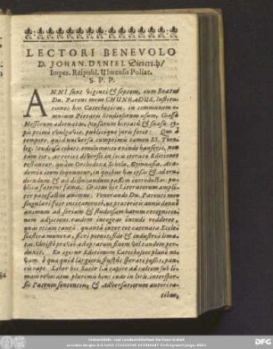 Lectori Benevolo D. Johan-Daniel Dieterich/ Imper. Reipubl. Ulmensis Poliat. S. P. P.
