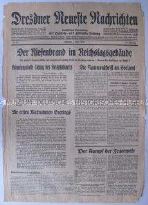Titelblatt der "Dresdner Neueste Nachrichten" zum Reichstagsbrand