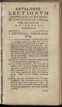 1781: Catalogus Lectionum Et Publicarum Et Privatorum In Universitate Lipsiensi ... Habendarum