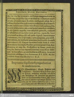 Sequuntur Epistolae Sympatheticae & consolatoriae