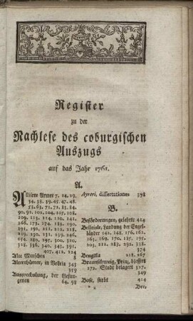 Register zu der Nachlese des coburgischen Auszugs auf das Jahr 1761.