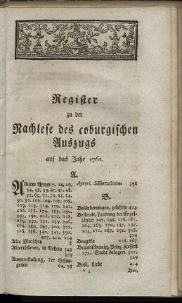 Register zu der Nachlese des coburgischen Auszugs auf das Jahr 1761.