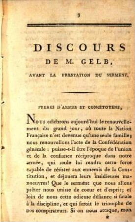 Discours Prononcés à la prestation du serment des Gardes nationales et de la Garnison de Strasbourg : le 14 juillet 1791, l'an 3 de la liberté