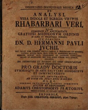Diss. ... de analysi, vera indole et egregia virtute rhabarbari veri