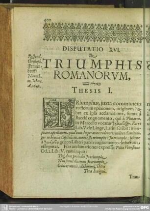 Disputatio XVI. De Triumphis Romanorum
