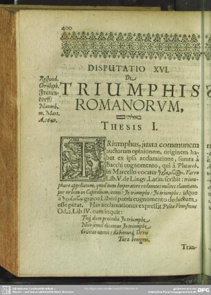 Disputatio XVI. De Triumphis Romanorum