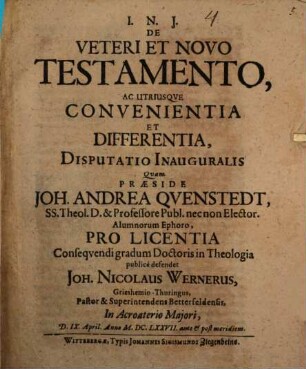 De Veteri et Novo Testamento, ac utriusque convenientia et differentia, disputatio inauguralis