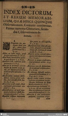 Index Dictorum, Et Rerum Memorabilium, Quae Hisce Quinque Observationum Centuriis continentur