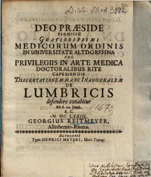 ... Dissertationem Hanc Inauguralem De Lumbricis