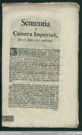 Sententia In Camera Imperiali, Die 17. Iulii 1727. publicata