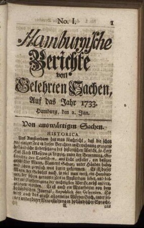 No. I. Hamburg, den 2 Januar 1733 - No. IX. Hamburg, den 30 Januar 1733.