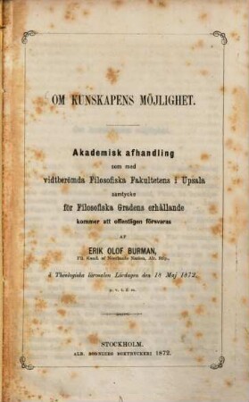 Om Kunskapens Möjelighet : Akad. Afhandling