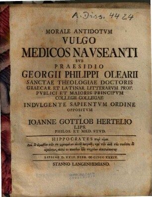 Morale Antidotum Vulgo Medicos Nauseanti ... Oppositum