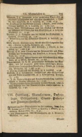 VIII. Handlung, Manufacturen, Technologie, Gesetzgebung, Staats- Policey- und Finanzwissenschaft