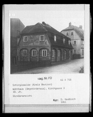 Schirgiswalde-Kirschau, Kirchgasse 3. Wohnhaus ((Umgebindehaus), um 1850). Straßenansicht