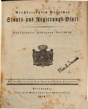 Großherzoglich Badisches Staats- und Regierungsblatt. 1818