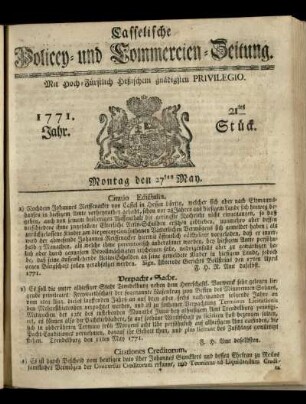 21tes Stueck, Montag den 27ten May 1771