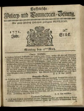 21tes Stueck, Montag den 27ten May 1771