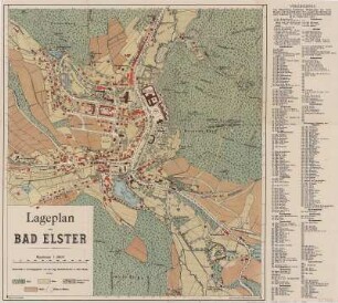 Stadtplan von Bad Elster, ca. 1:5 000, 1913 : Lageplan von Bad Elster / bearbeitet u. herausgegeben von der Kgl. Badedirektion zu Bad Elster. Carl Wirwahn. - Ca. 1:5 000. - [S.l.] , 1913. - 1 Kt. : mehrfarb. ; 36 x 40cm - Mit Straßenverz. und Informationen