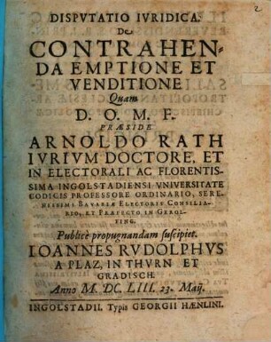 Dispvtatio Ivridica. De Contrahenda Emptione Et Venditione