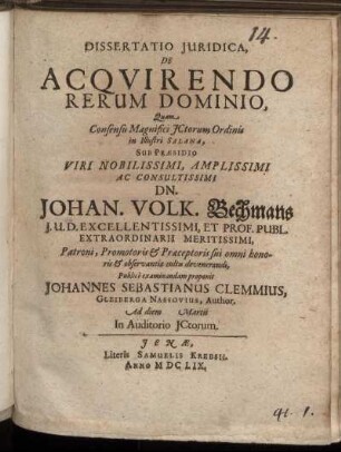 Dissertatio Iuridica, De Acquirendo Rerum Dominio