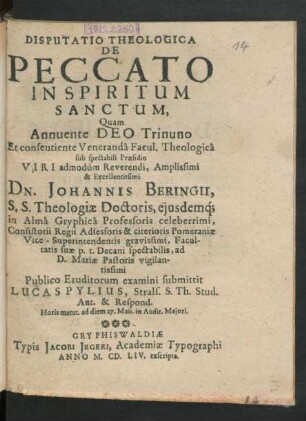 Disputatio Theologica De Peccato In Spiritum Sanctum