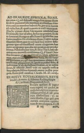 Erasmus Roterodamus ... domino d. Alberto Archiepiscopo & Cardinali Maguntinensis. S. D.