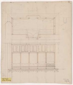 Liebstadt, Stadtkirche, Patronatsgestühl, Entwurf : Liebstadt, Stadtkirche, Patronatsgestühl der Herren von Carlowitz, Entwurf, Grund- und Aufriss, Richard Steche, um 1890. Feder, Bleistift/Papier. 38,7 x 33,4 cm. Maßstab ohne Maßeinheit (3=12 cm).