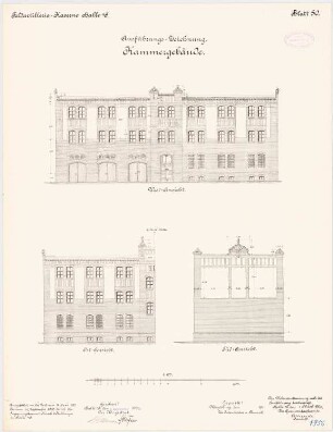 Feldartilleriekaserne, Halle/Saale: Kammergebäude: Aufriss Südansicht, Ostansicht, Westansicht 1:100