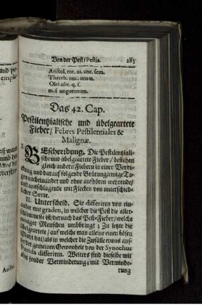 Das 42. Cap. Pestilentzialische und übelgeartete Fieber/ Febres Pestilentiales & Malignae.