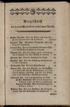 Verzeichniß der in dieser Instruktion enthaltenen Artickel