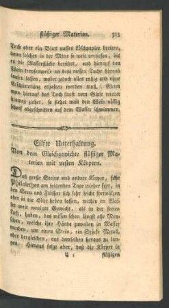 Eilfte Unterhaltung. Von dem Gleichgewichte flueßiger Materien mit vesten Koerpern.